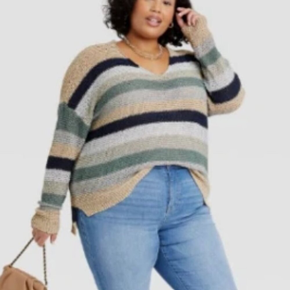 Knox Rose Sweater Pullover Light Multi-Color Stripe V-Neck  XXL Cottagecore